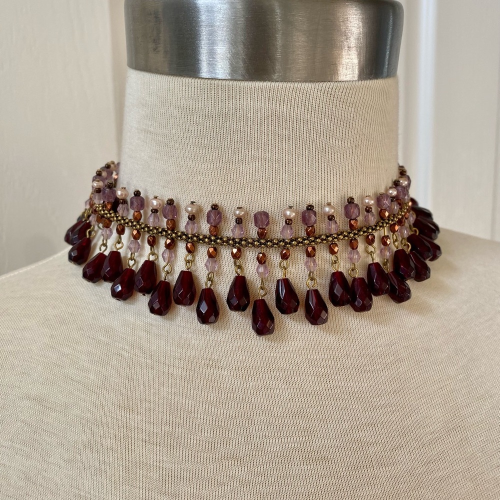 Mauve Beaded Choker Necklace adjustable chain